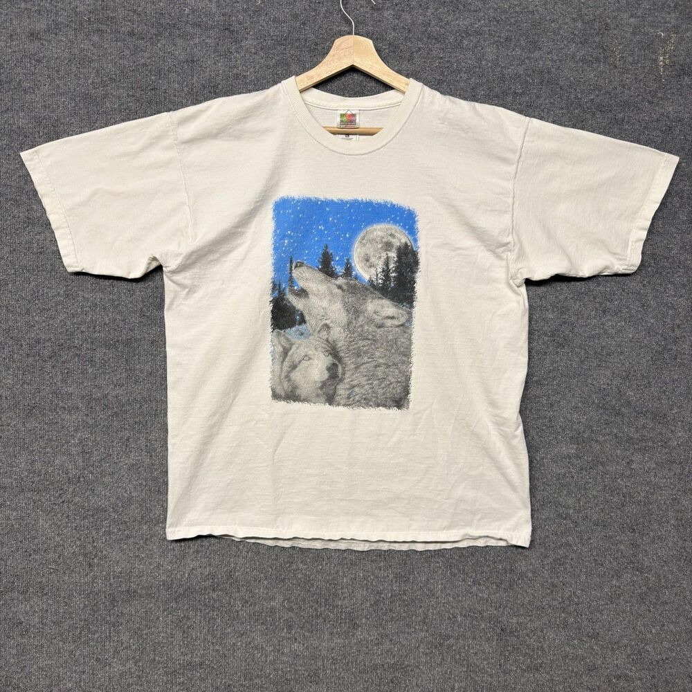Vintage Fruit Of The Loom Wolves Moon Shirt Mens XL Graphic Night Sky Nature Y2K
